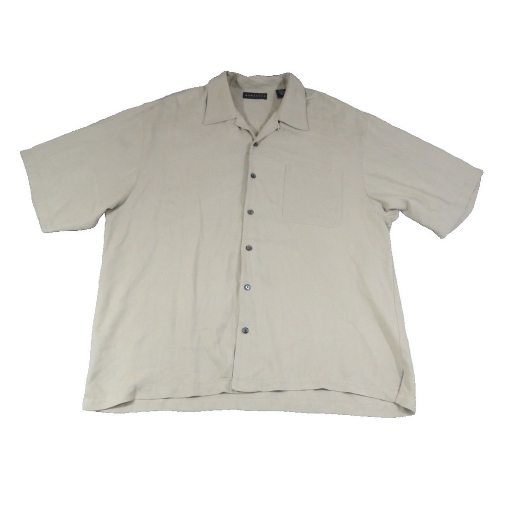 Baracuta Silk Shirt Men XXL Tan Herringbone Short Sleeve Camp Collar Button Down